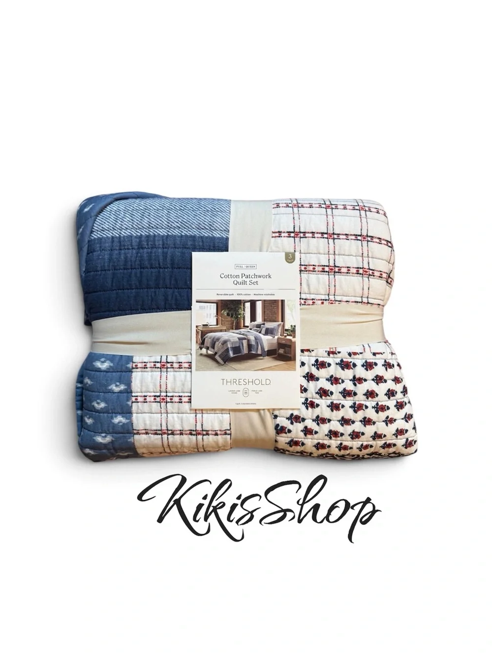 Full/Queen Patchwork Quilt Set Blue/Dark Blue/Natural - Threshold
